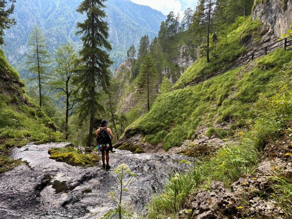 a 30 méteres vízesés tetején álló túrázó, Palfau, Ausztria